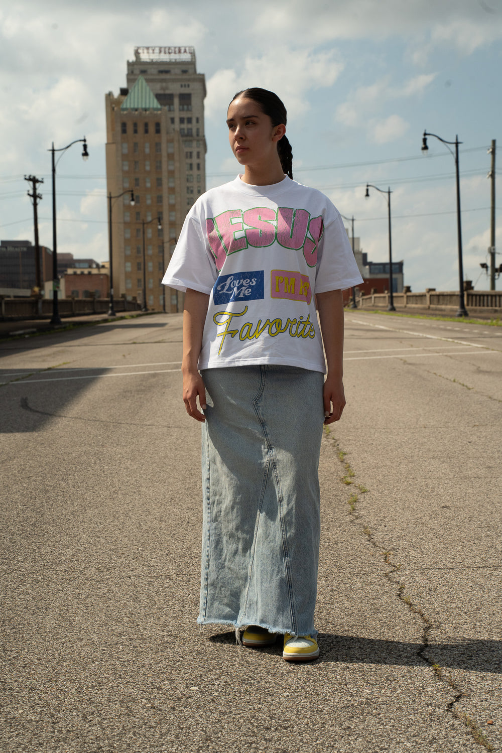 Christian cropped boxy oversized tee front view