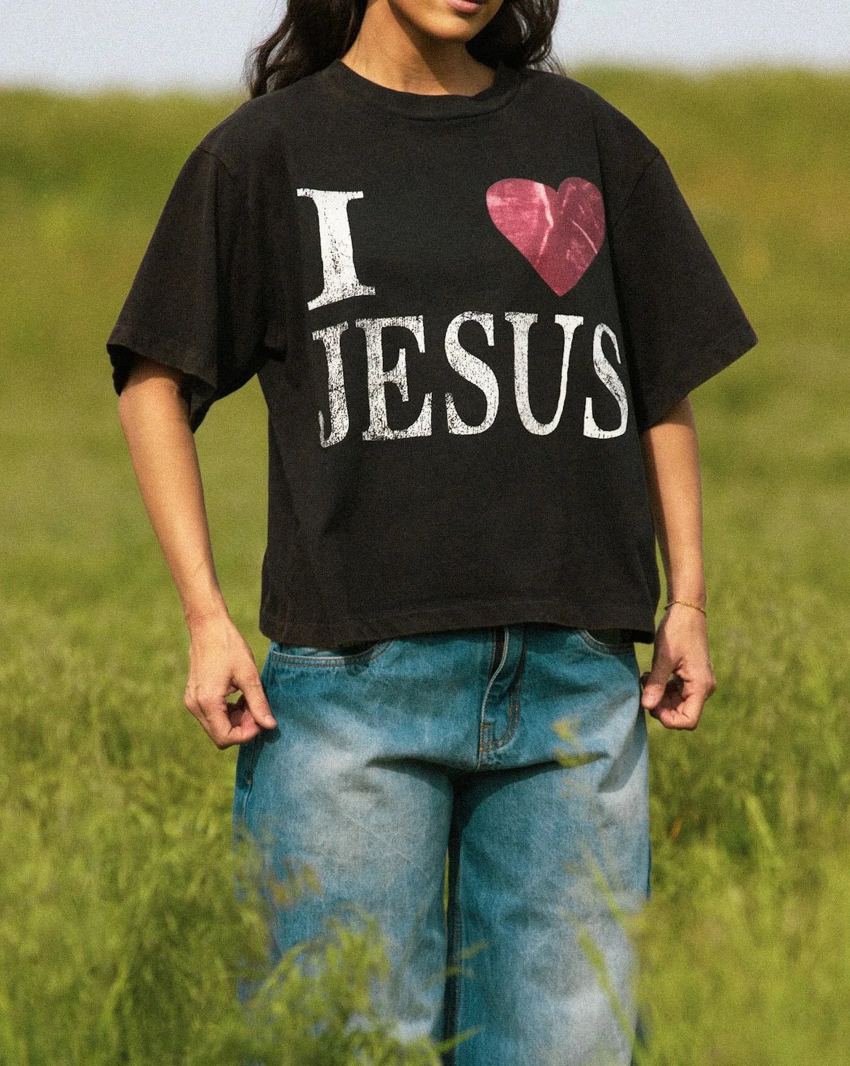 Christian cropped boxy oversized tee front view