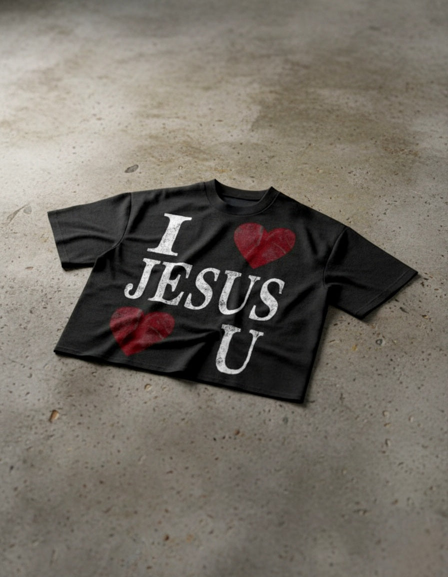 "JESUS LOVES U" BLACK CROPPED TEE